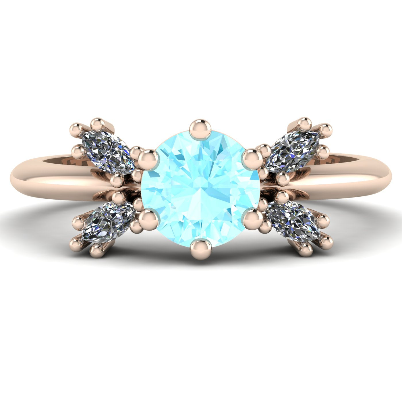 Flutterby aquamarine butterfly cluster ring three-quarter view — round aquamarine centre with four marquise diamond wings in recycled 18ct rose gold by Nude Jewellery