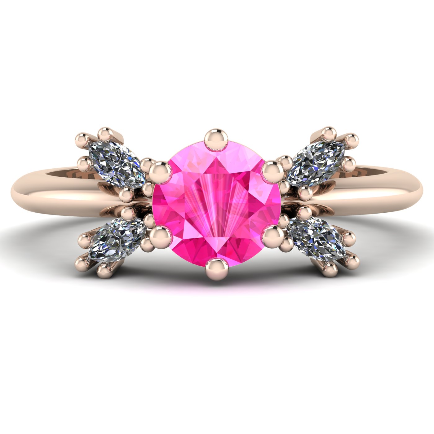 Flutterby pink sapphire butterfly engagement ring front view — round pink sapphire centre with four white marquise diamond wings in recycled 18ct rose gold by Nude Jewellery