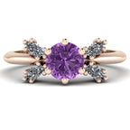 Flutterby lavender sapphire butterfly engagement ring front view — round lavender sapphire centre with four marquise diamond wings in 18ct rose gold by Nude Jewellery