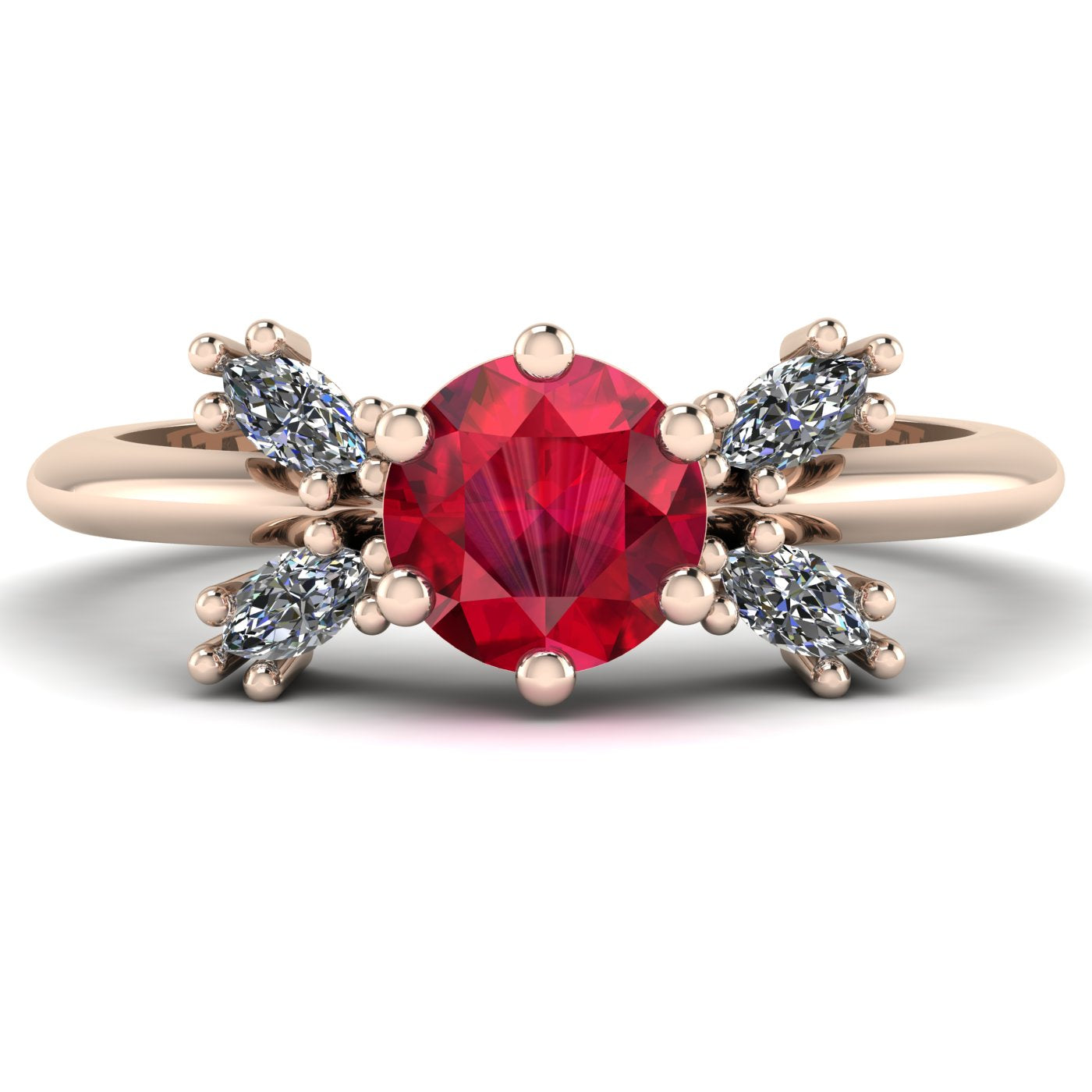 Flutterby ruby butterfly engagement ring front view — round ruby centre with four white marquise diamond wings in recycled 18ct rose gold by Nude Jewellery