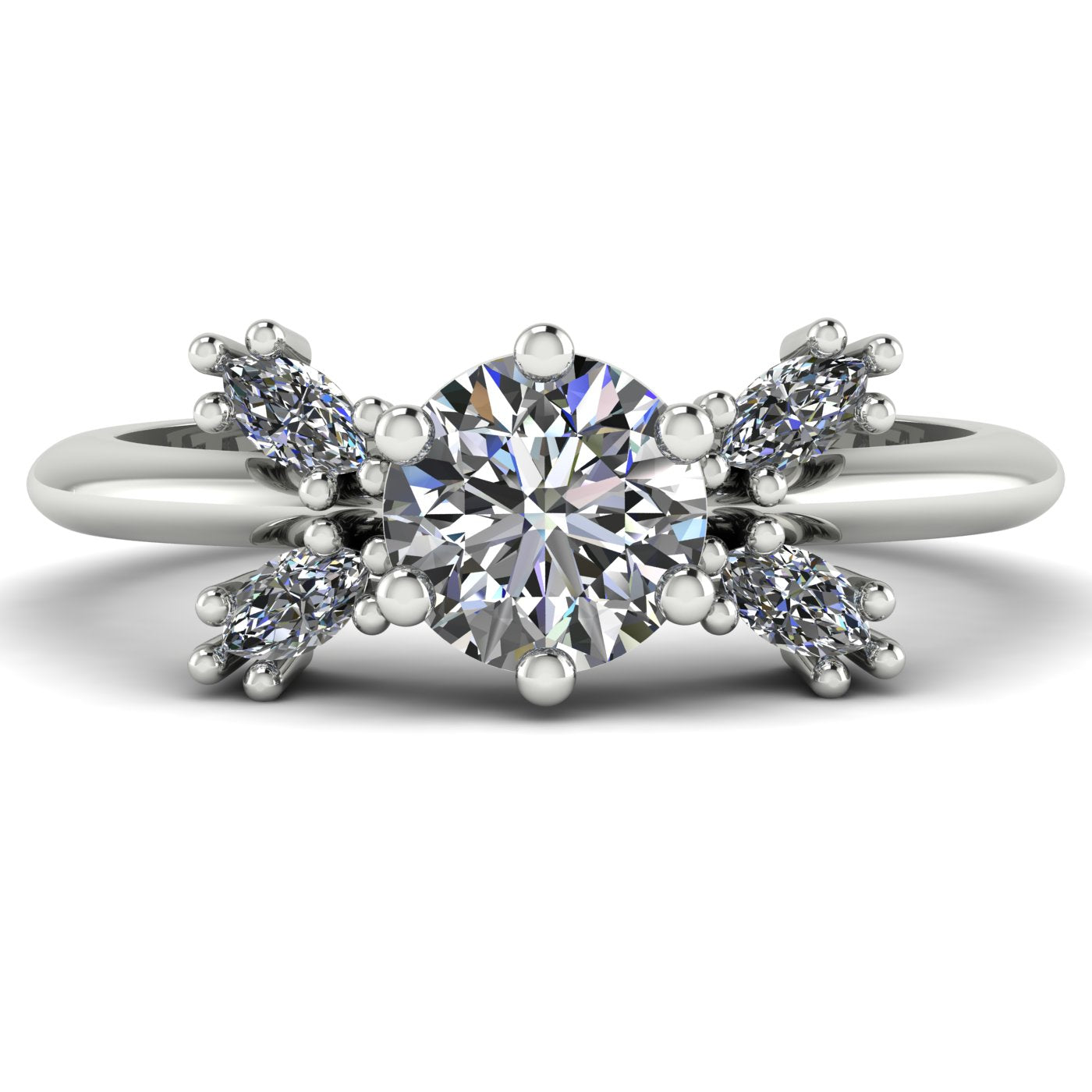 Flutterby diamond butterfly engagement ring front view — brilliant-cut centre diamond with four marquise-cut wings in platinum by Nude Jewellery