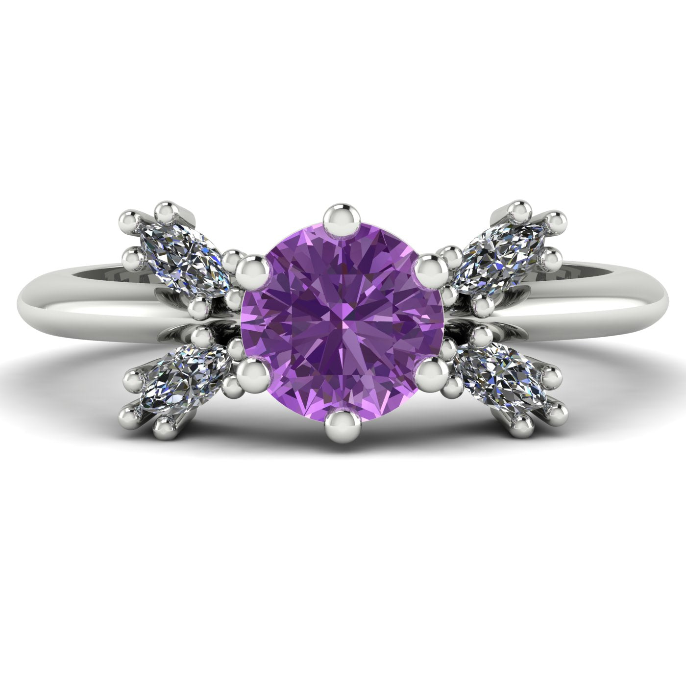Flutterby lavender sapphire butterfly engagement ring front view — lavender sapphire centre with four white marquise diamond wings in recycled 18ct white gold by Nude Jewellery