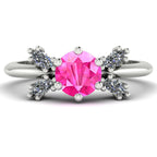 Flutterby lavender sapphire butterfly engagement ring front view — round lavender sapphire centre with four marquise diamond wings in 18ct rose gold by Nude Jewellery