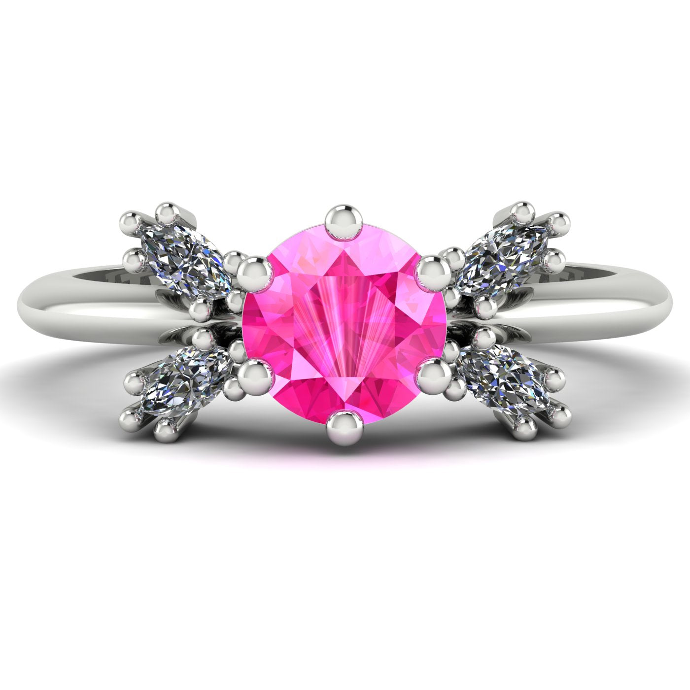 Flutterby lavender sapphire butterfly engagement ring front view — round lavender sapphire centre with four marquise diamond wings in 18ct rose gold by Nude Jewellery