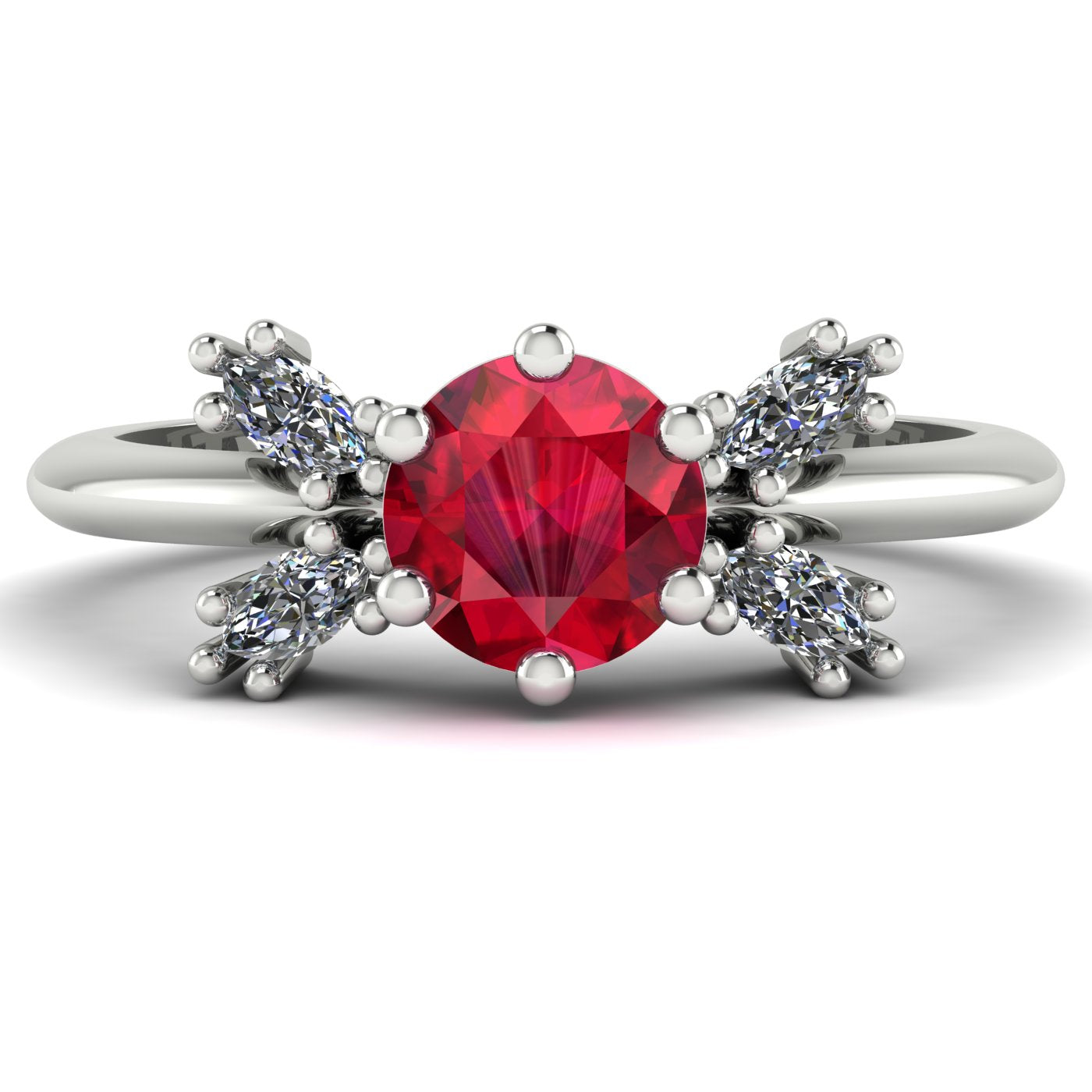 Flutterby ruby butterfly engagement ring front view — symmetrical marquise diamond wing silhouette framing round ruby in white gold by Nude Jewellery