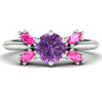Flutterby violet and pink sapphire butterfly engagement ring front view — violet sapphire centre with four marquise pink sapphire wings in recycled 18ct white gold by Nude Jewellery