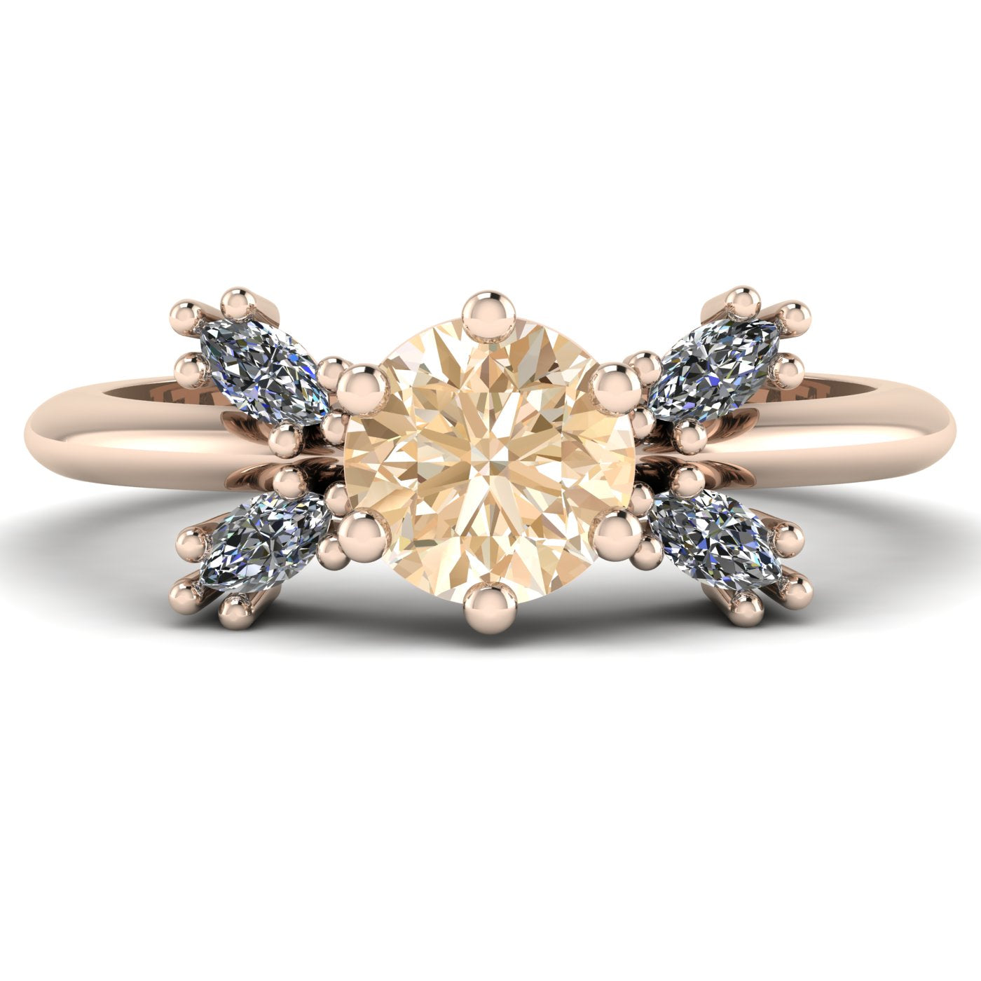 Flutterby champagne diamond butterfly engagement ring front view — champagne diamond centre with four white marquise diamond wings in recycled 18ct rose gold by Nude Jewellery