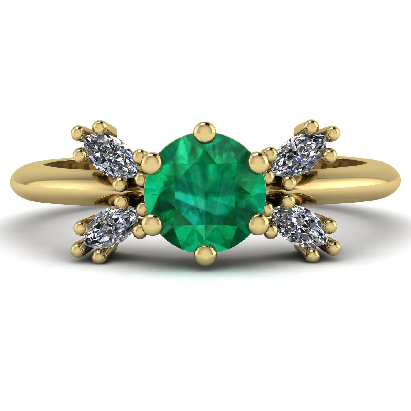 Flutterby emerald butterfly engagement ring front view — round emerald centre with four white marquise diamond wings in recycled 18ct yellow gold by Nude Jewellery