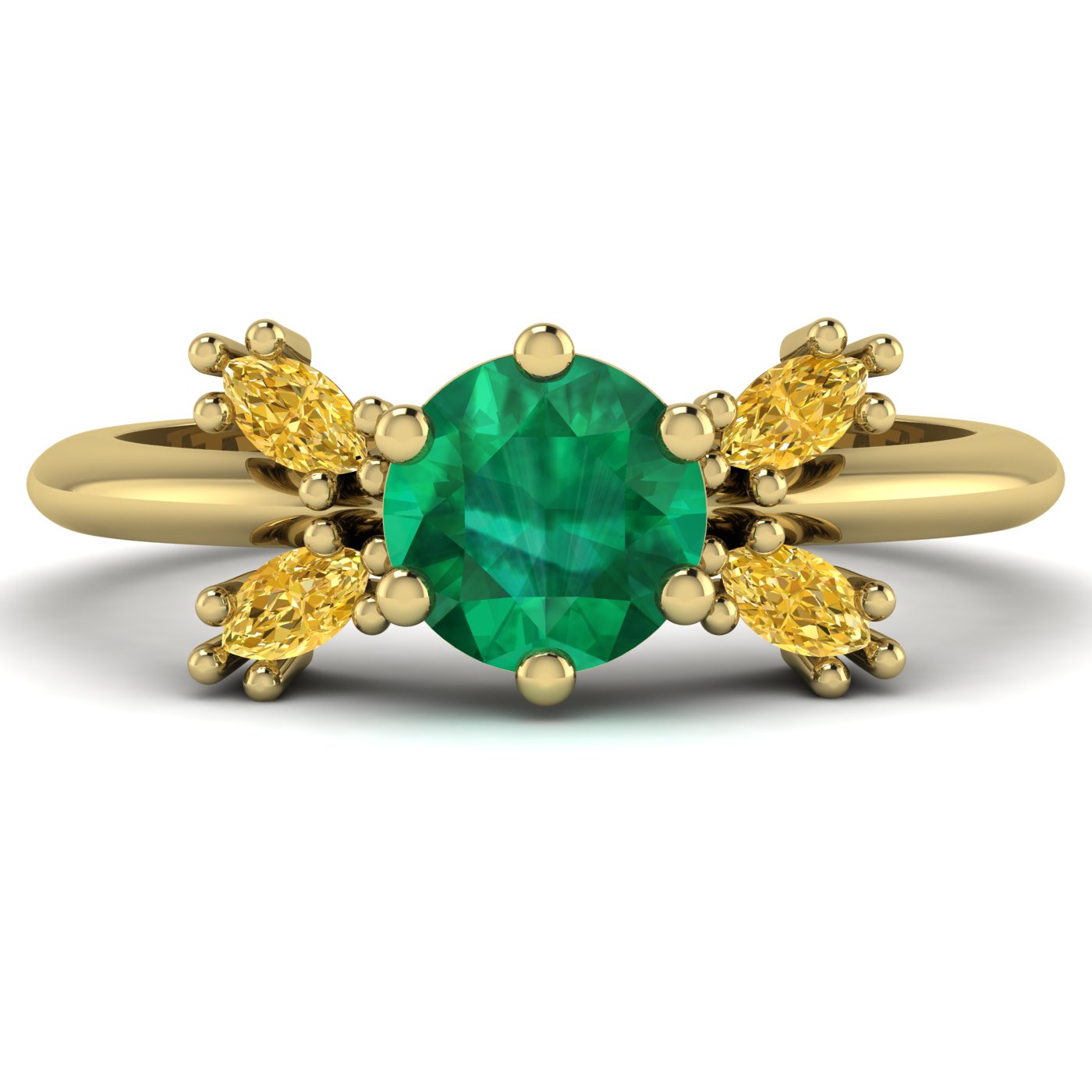 Flutterby emerald and yellow diamond butterfly engagement ring front view — round emerald centre with four marquise yellow diamond wings in recycled 18ct yellow gold by Nude Jewelley