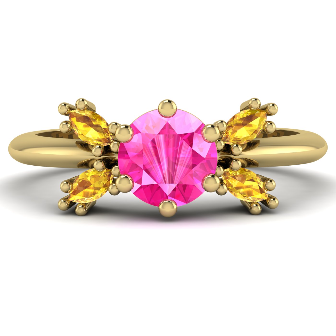 Flutterby pink sapphire and yellow diamond butterfly engagement ring front view — pink sapphire centre with four marquise yellow diamond wings in recycled 18ct yellow gold by Nude Jewellery