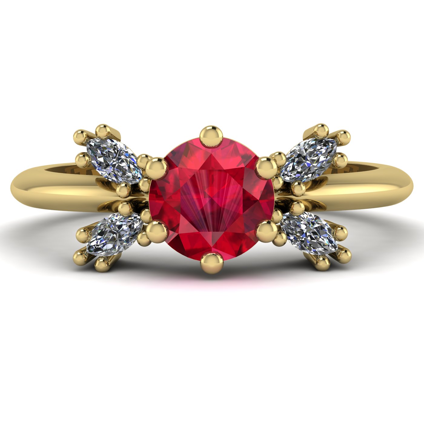 Flutterby ruby butterfly engagement ring front view — vibrant red ruby centre with four marquise diamond wings in recycled 18ct yellow gold by Nude Jewellery