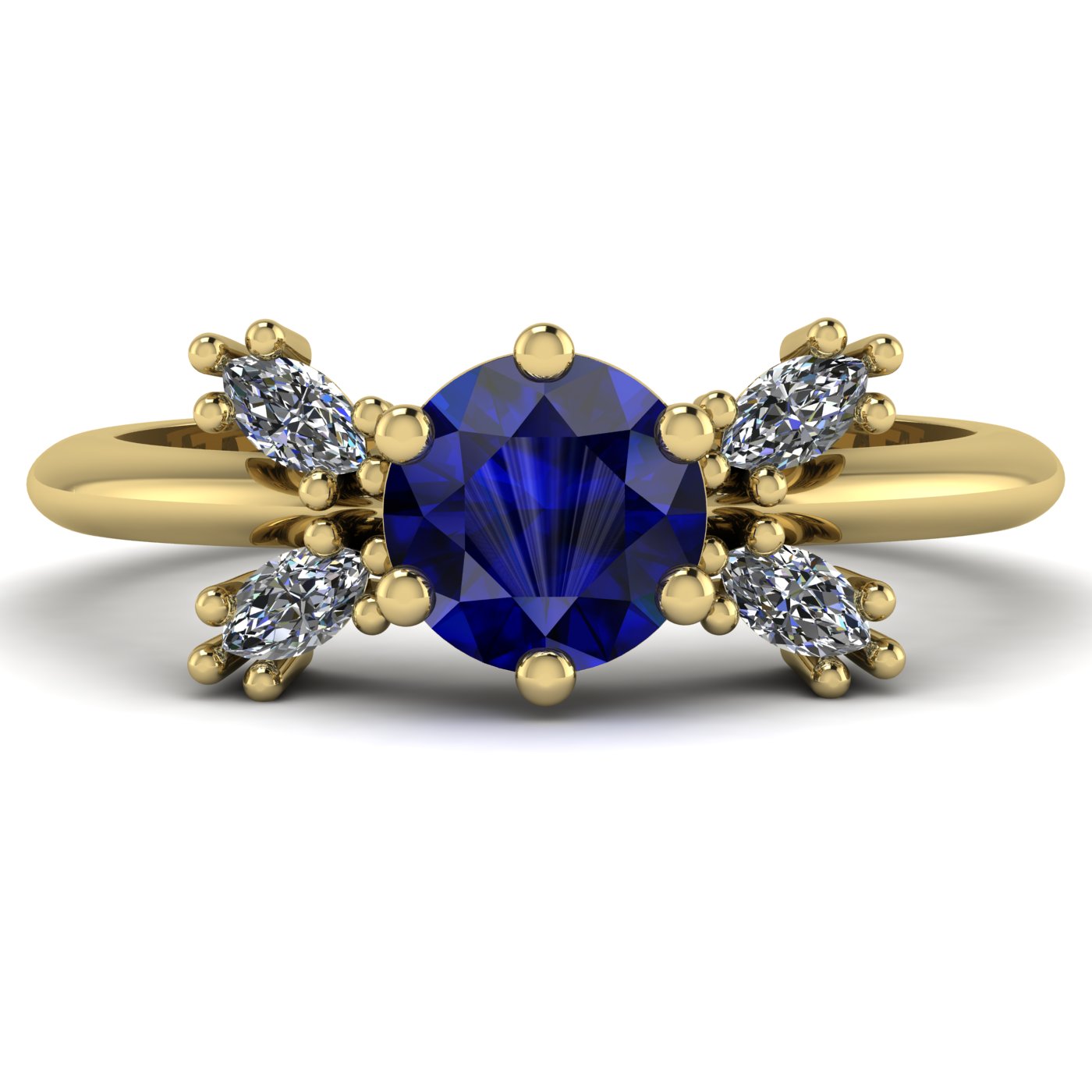 Flutterby blue sapphire butterfly engagement ring front view — deep blue sapphire centre with four marquise diamond wings in recycled 18ct yellow gold by Nude Jewellery
