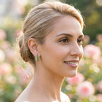 Art Deco silver tsavorite garnet stud earrings worn on model in garden setting, showing scale and placement