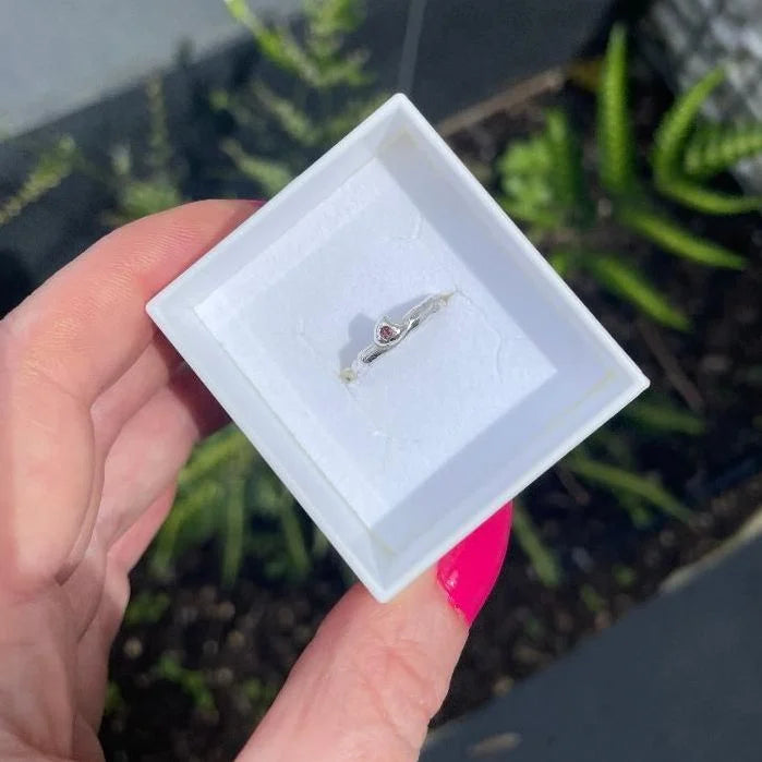 Hand-carved sterling silver Origin Ring with a pink tourmaline gemstone