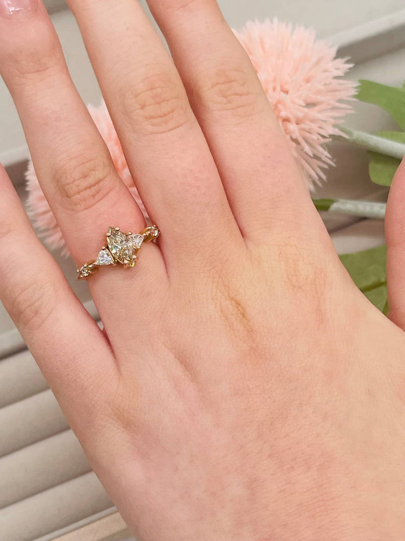 Maisie marquise champagne diamond unusual engagement ring in 18ct yellow gold, non-traditional alternative bridal jewellery handmade in London