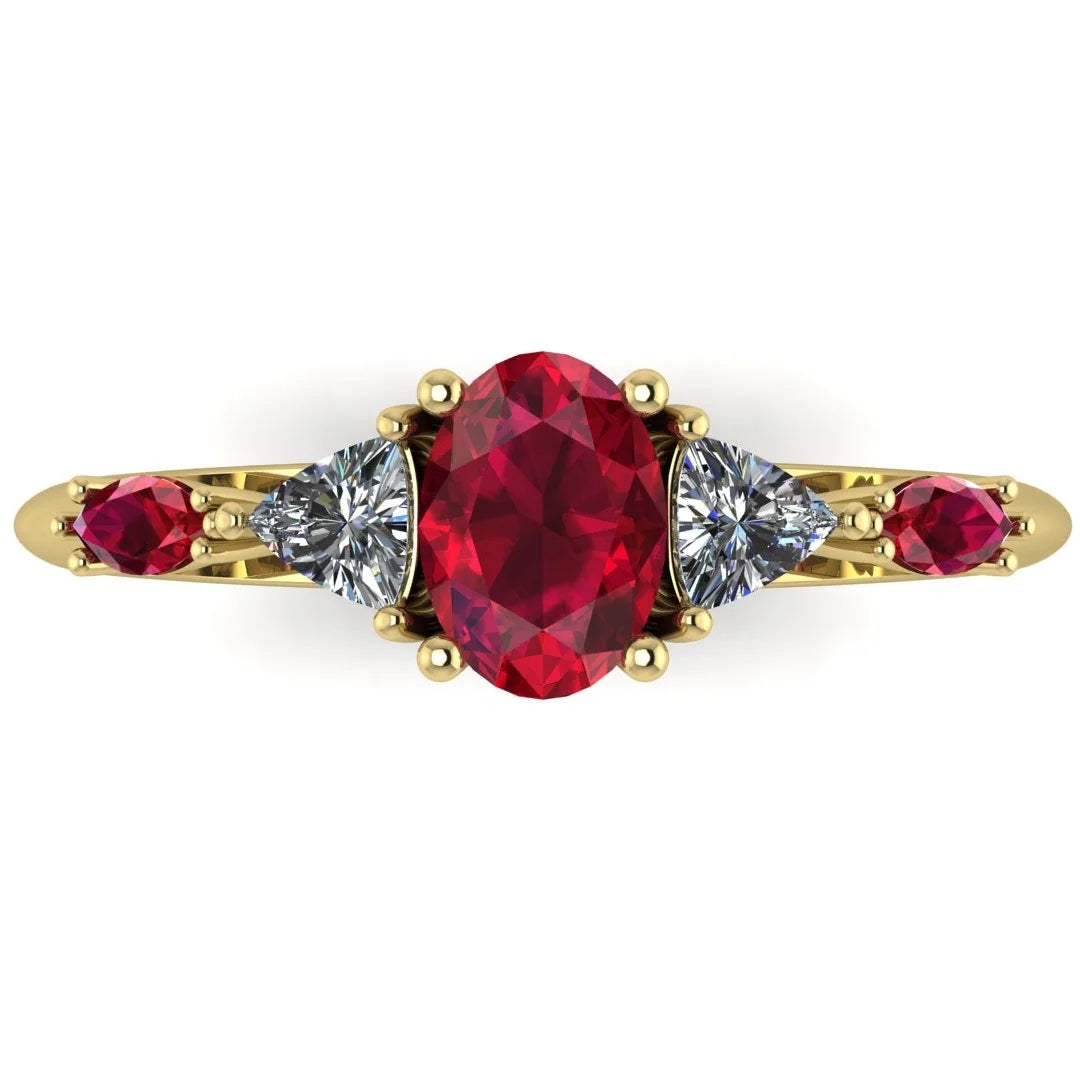 Maisie oval ruby and diamond five stone engagement ring in 18ct yellow gold, overhead view