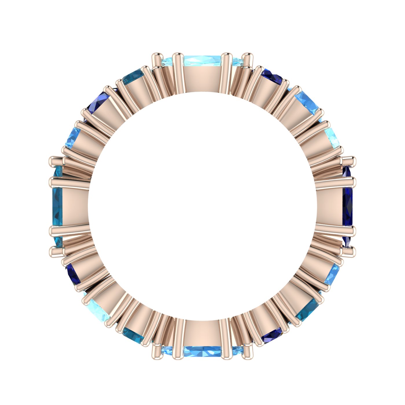 Modern blue sapphire eternity band in rose gold, a unique colourful wedding ring or anniversary gift handcrafted in Surrey.