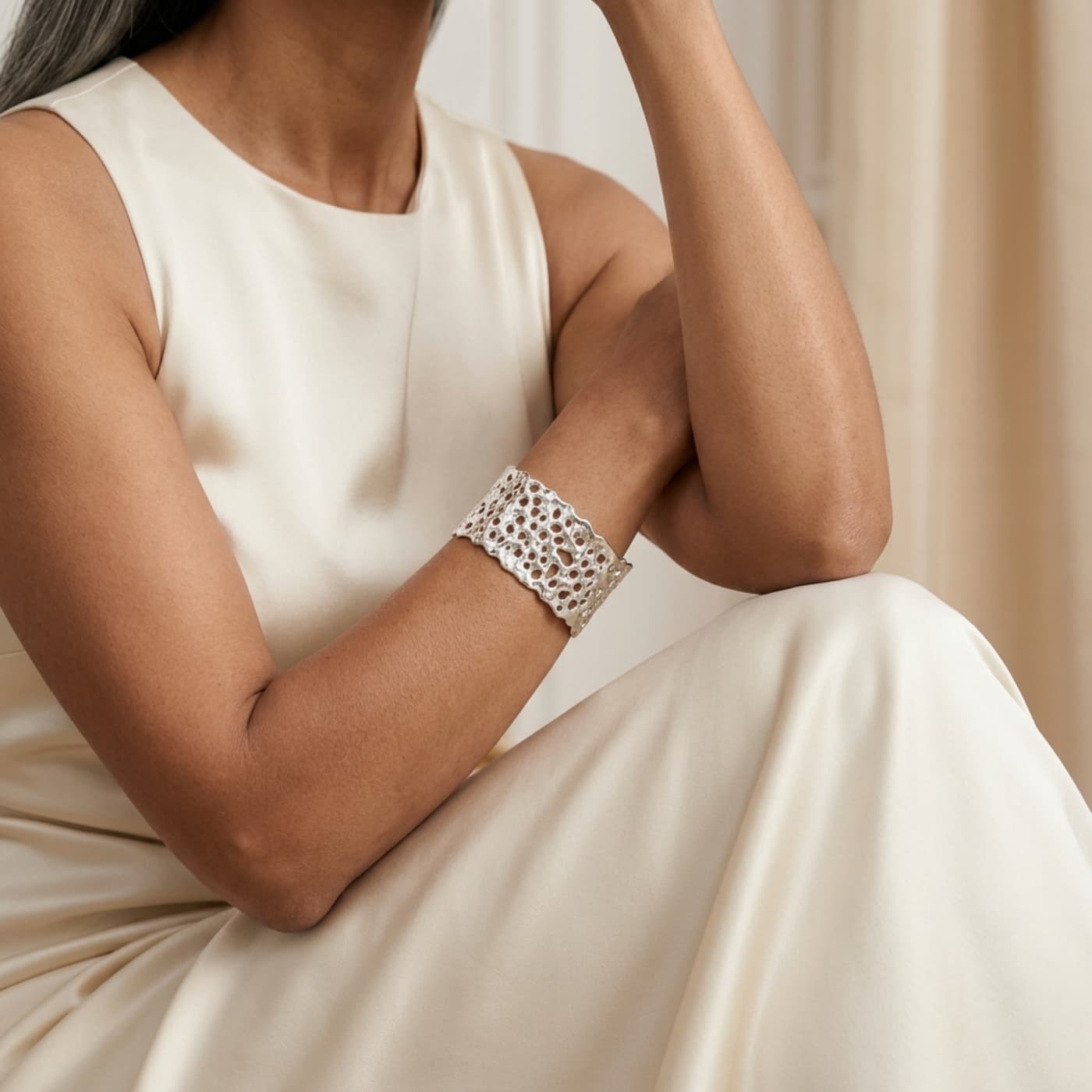 Handmade silver Origins honeycomb cuff bracelet, made to order in London