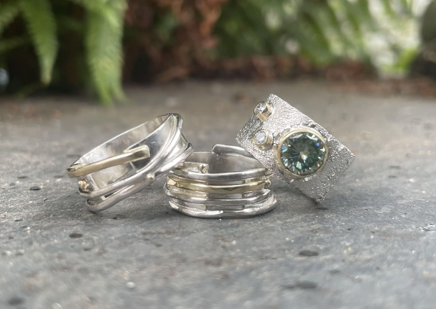 Handmade silver rings on stone — sculptural and unique silver ring designs by Nude Jewellery, London