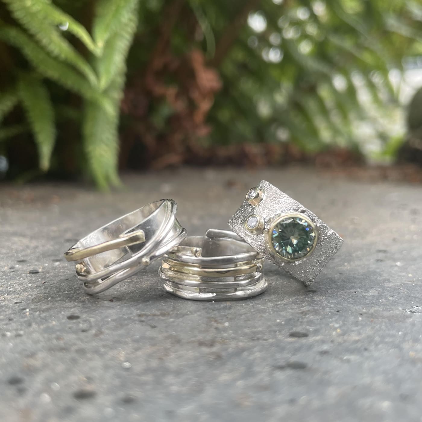 Handmade silver rings on stone — sculptural and unique silver ring designs by Nude Jewellery, London
