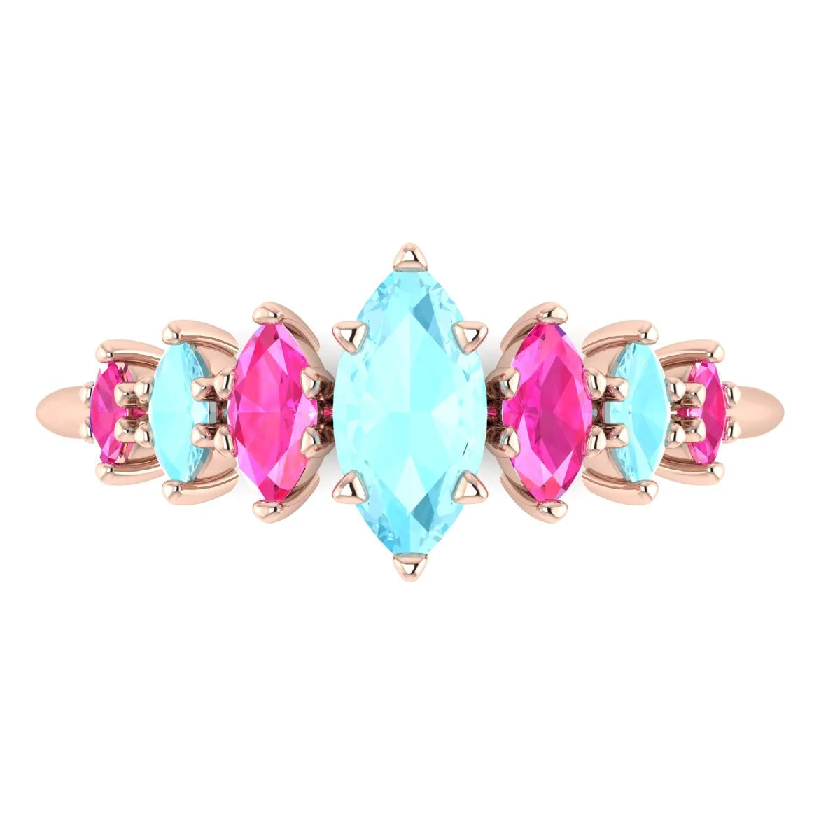 Seven marquise aquamarines and pink sapphires in a graduating rose gold ring - top view