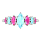 Aquamarine and pink sapphire Harlequin ring with seven graduating marquise gemstones