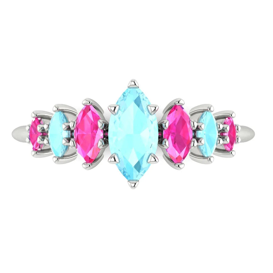 Aquamarine and pink sapphire Harlequin ring with seven graduating marquise gemstones