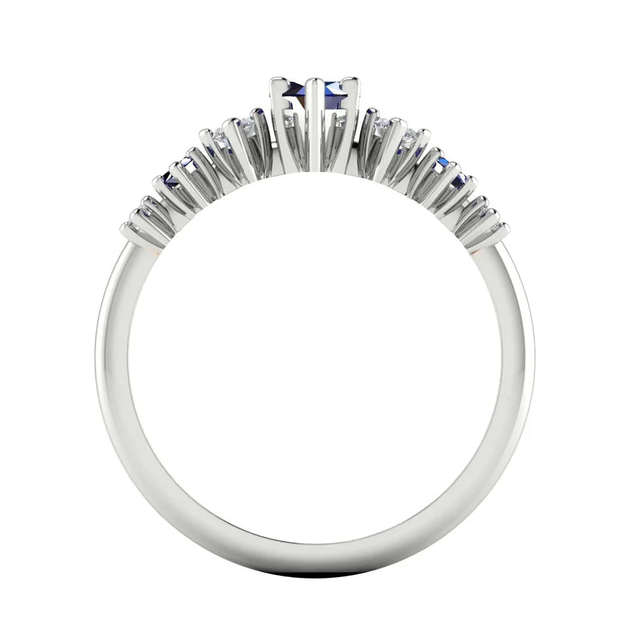 Harlequin seven-stone ring with blue sapphires and marquise diamonds in a white metal setting - through
