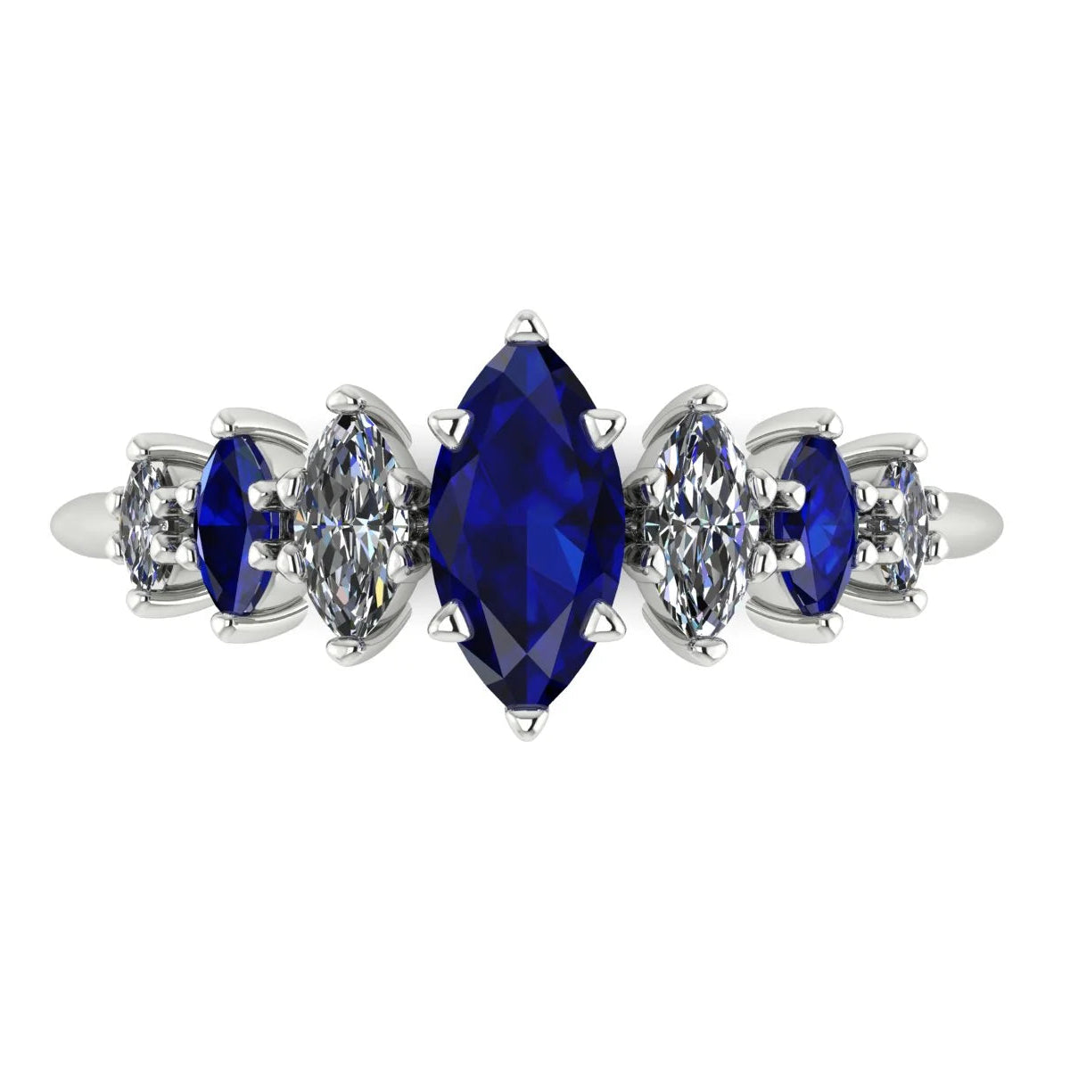 Harlequin seven-stone ring with blue sapphires and marquise diamonds in a white metal setting - top