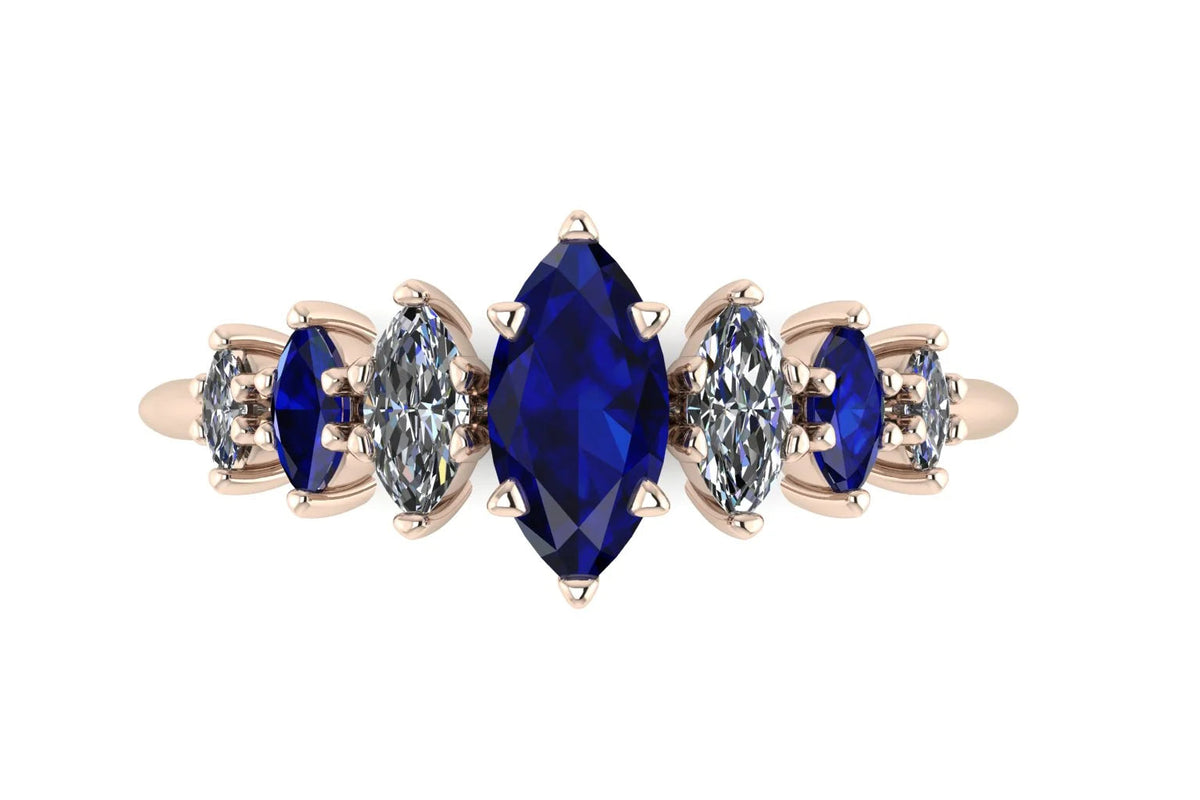 Harlequin seven-stone blue sapphire and diamond ring in 18ct rose gold
