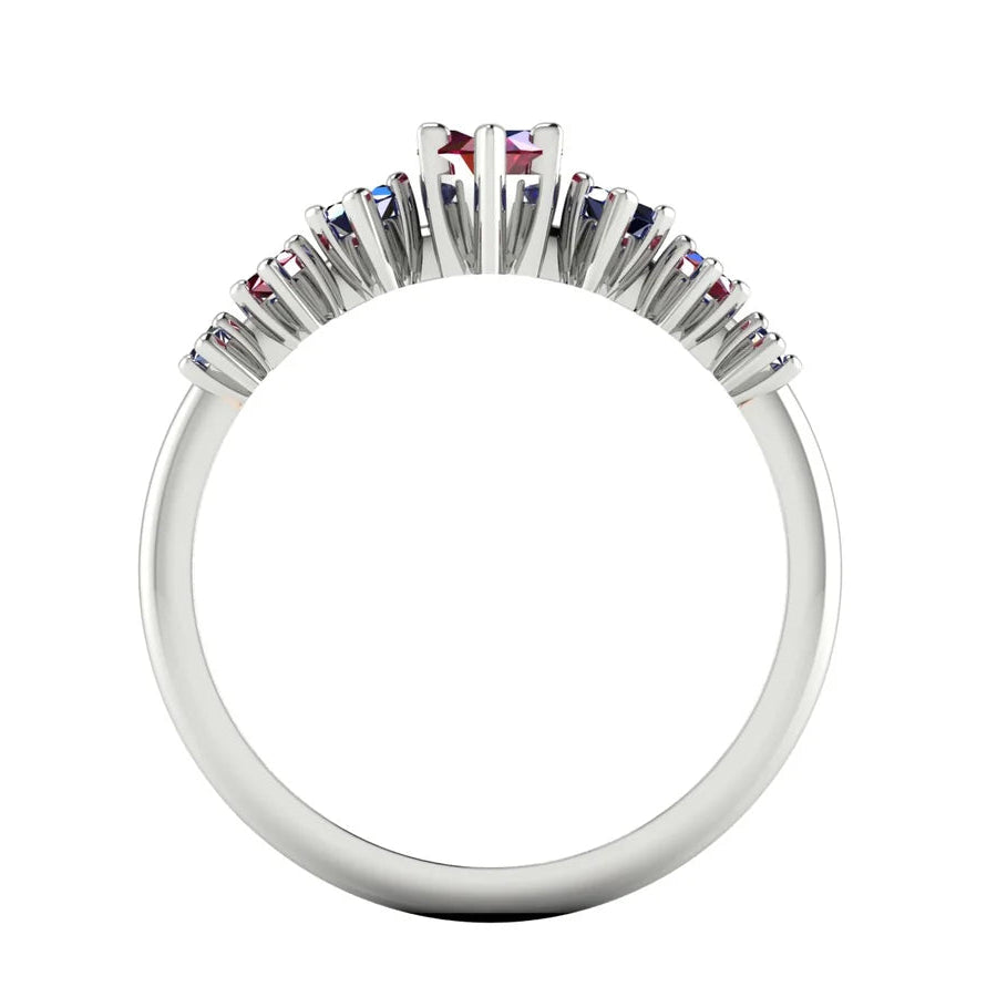 Graduating marquise rubies and blue sapphires in the Harlequin ring - through view