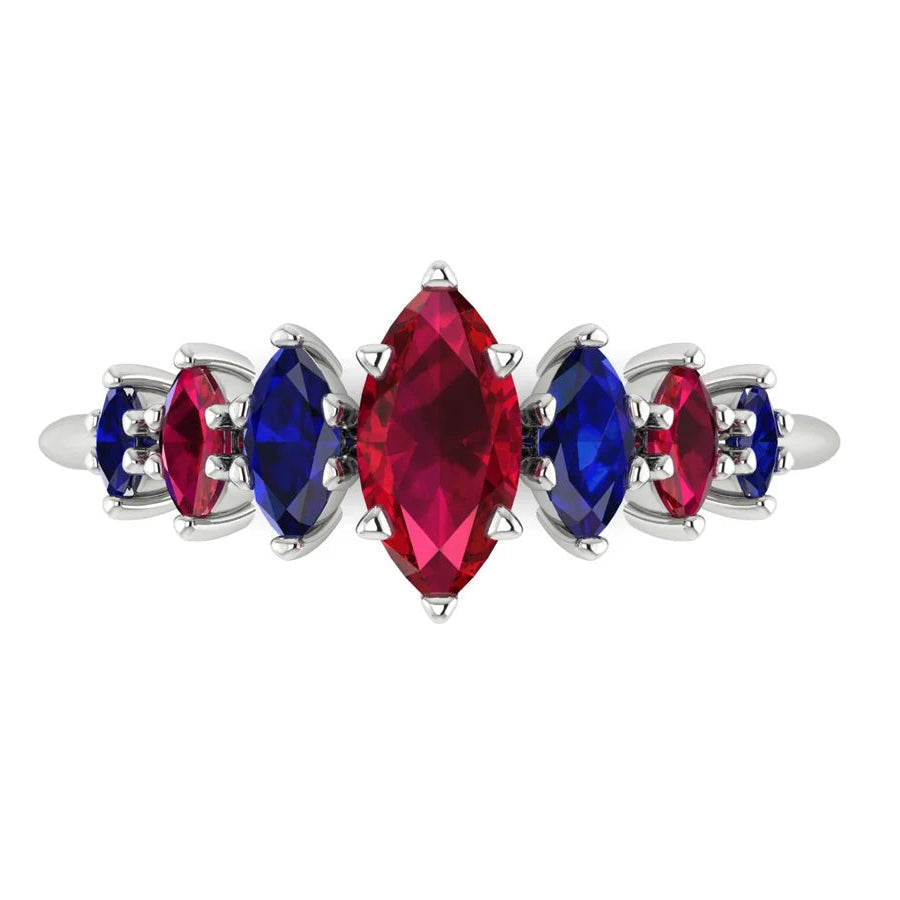 Graduating marquise rubies and blue sapphires in the Harlequin ring