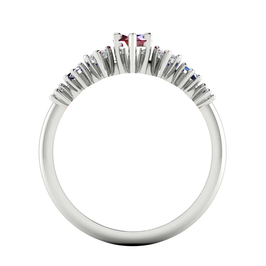 Seven marquise-cut ruby, sapphire and diamond stones in the Harlequin ring