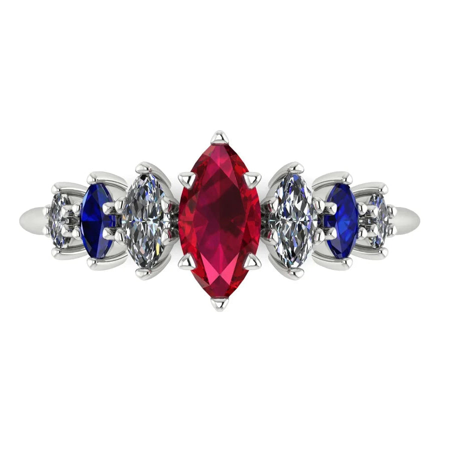 Marquise ruby, blue sapphires and diamonds arranged across the Harlequin ring