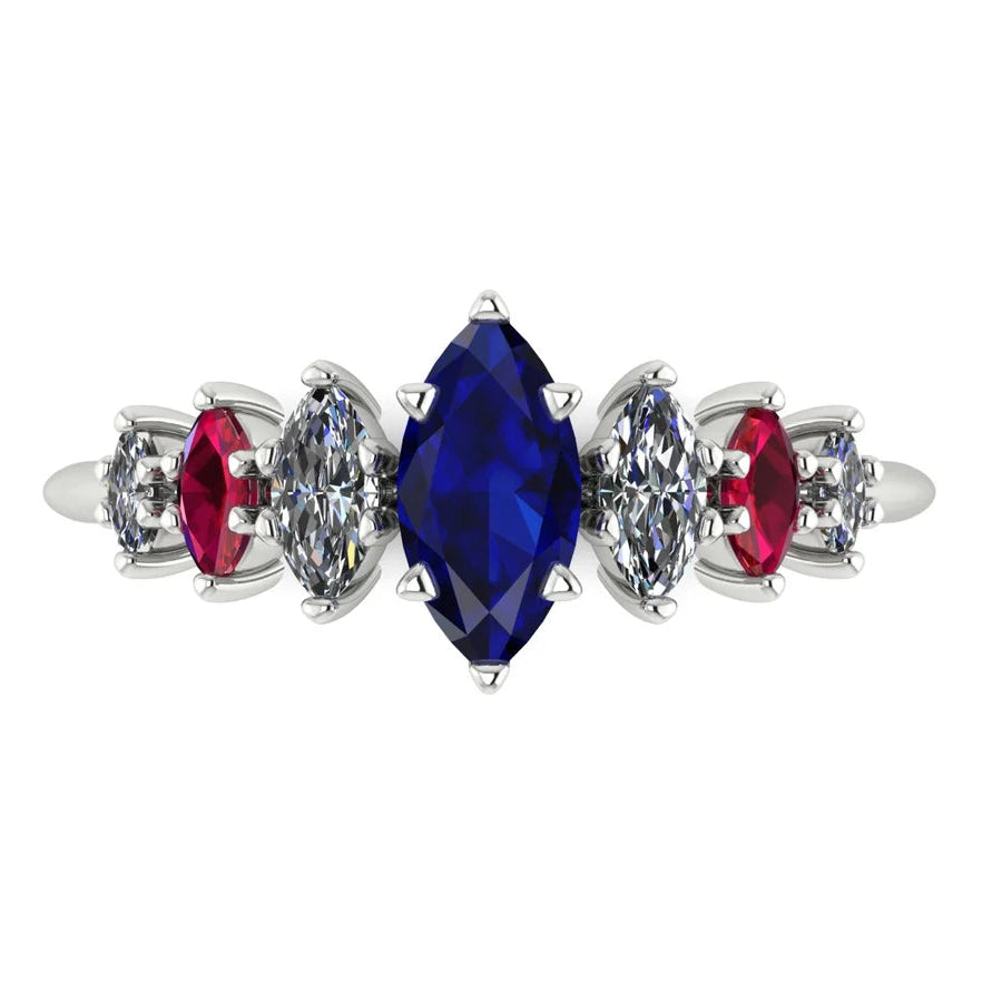 Front view of the Harlequin seven-stone ring in 18ct white gold, with a marquise blue sapphire centre, four diamonds and two red ruby accents.
