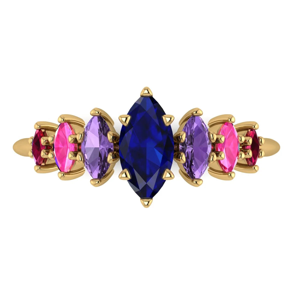 Seven marquise sapphires and rubies arranged across the Harlequin yellow gold ring