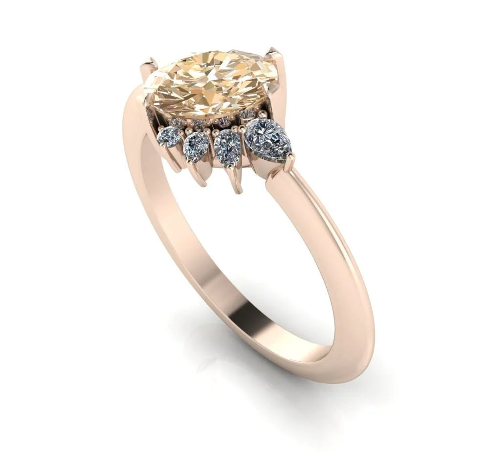 Front three-quarter studio view of the Selene champagne diamond ring, highlighting the unique, organic layout of the brilliant cluster diamond settings against warm rose gold shoulders.