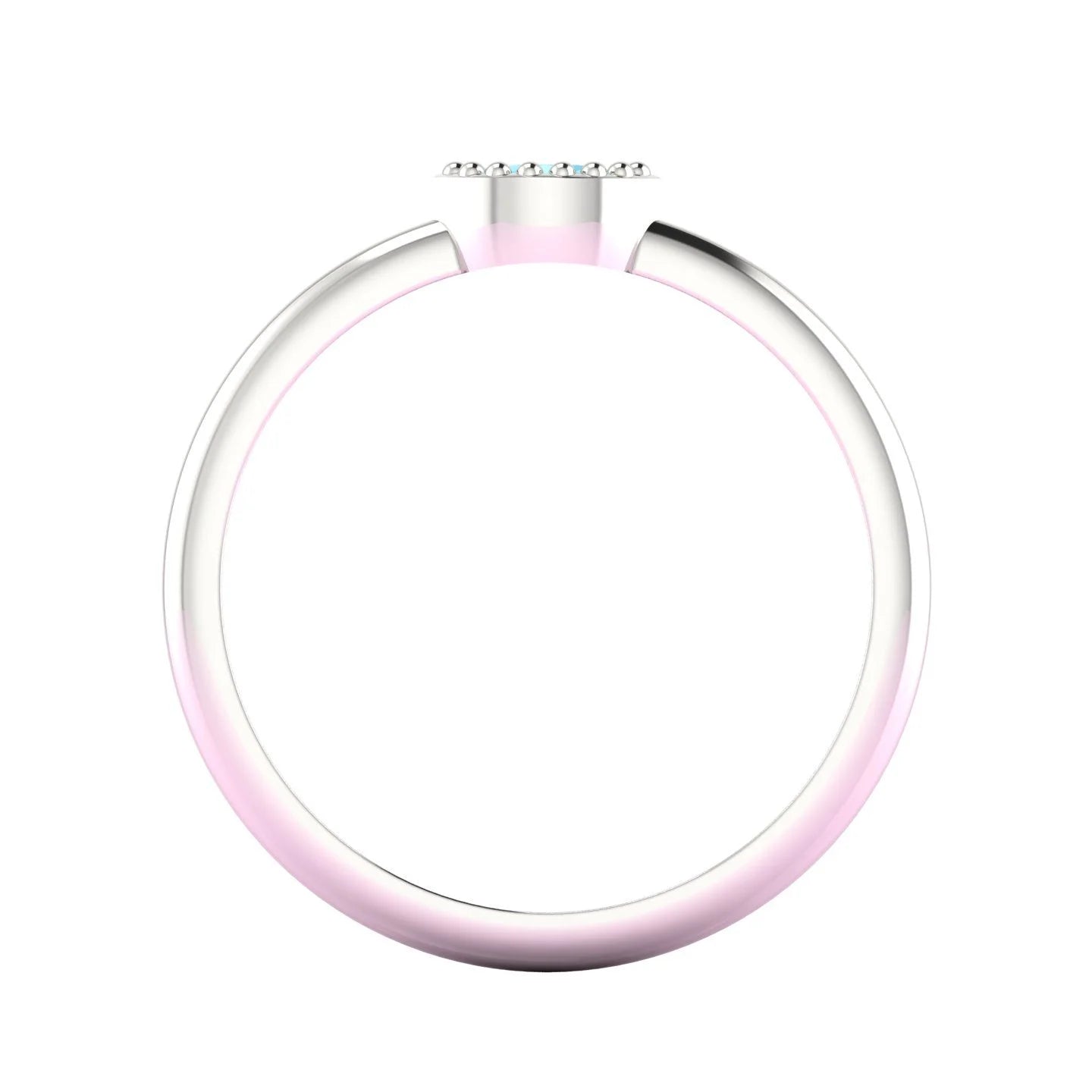 Through-finger view of a marquise pink sapphire ring in white gold showing the internal band finish.