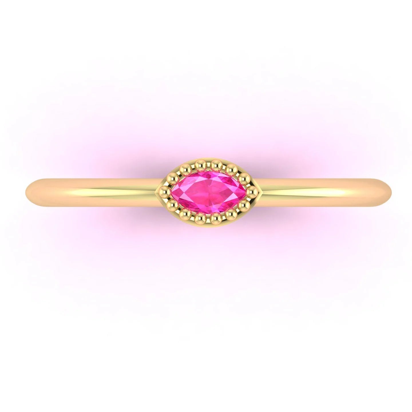 Bird’s eye view of the 18ct yellow gold Mini Astraea ring showing the marquise-cut pink sapphire set horizontally across the finger.