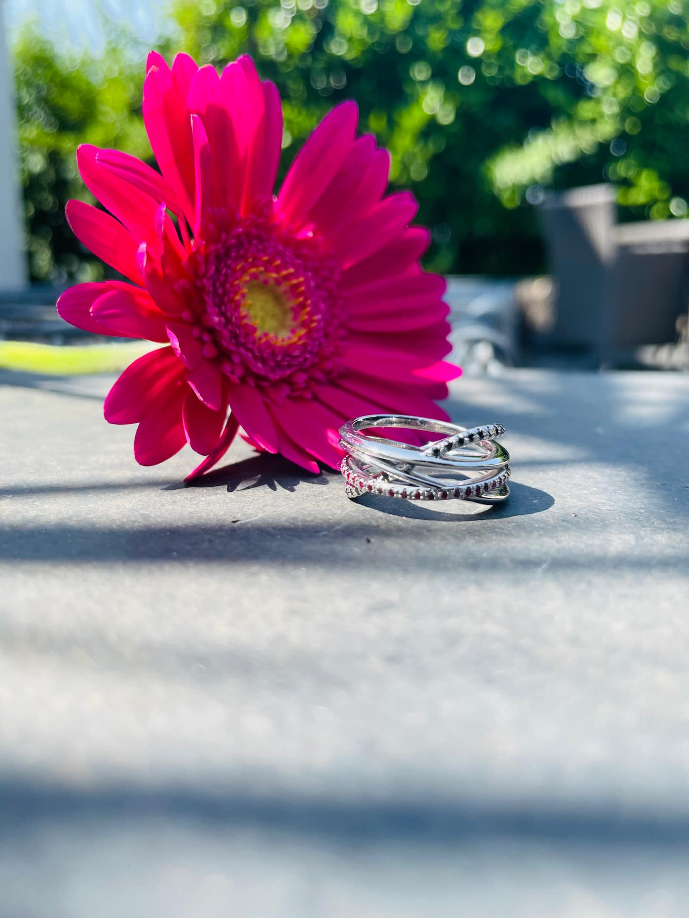 Black diamond and ruby eternity ring — unique contemporary jewellery handmade in London