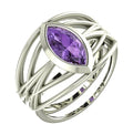 Infinite marquise violet sapphire alternative engagement ring in 18ct white gold or platinum, front view showing the fluid weaving band and electric violet sapphire, handmade in our London studio