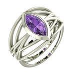 Infinite marquise violet sapphire alternative engagement ring in 18ct white gold or platinum, front view showing the fluid weaving band and electric violet sapphire, handmade in our London studio