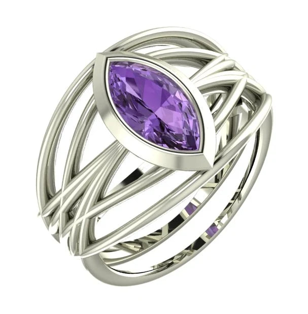 Infinite marquise violet sapphire alternative engagement ring in 18ct white gold or platinum, front view showing the fluid weaving band and electric violet sapphire, handmade in our London studio