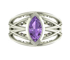 Infinite marquise violet sapphire engagement ring in 18ct white gold or platinum, overhead view showing the full face of the violet marquise sapphire in the fluid band, handmade in London