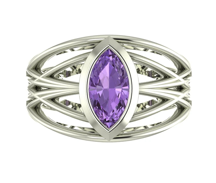Infinite marquise violet sapphire engagement ring in 18ct white gold or platinum, overhead view showing the full face of the violet marquise sapphire in the fluid band, handmade in London