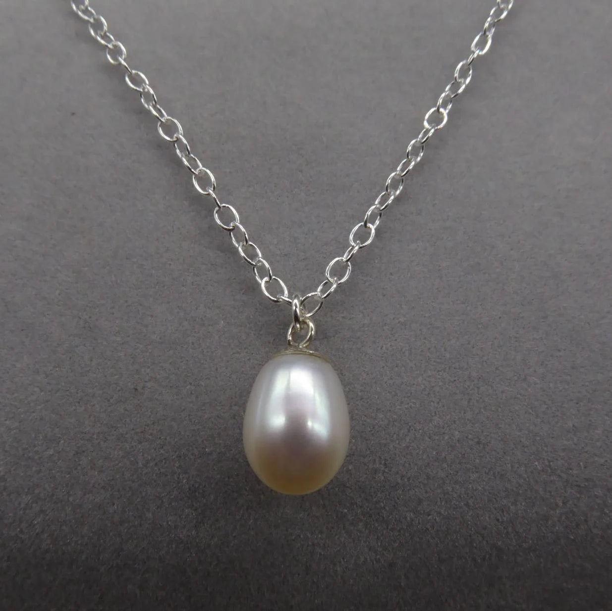 White Pearl Drop Pendant - Silver Chain