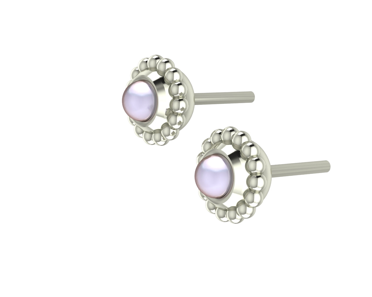 An angled perspective of the Silver Mini Alto earrings, highlighting the three-dimensional, architectural silver mounting and the soft sheen of the ivory pearl.