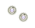 A front-facing view of the Ivory Pearl Mini Alto earrings, showing the high-polished recycled silver geometric frames holding a single round ivory freshwater pearl.