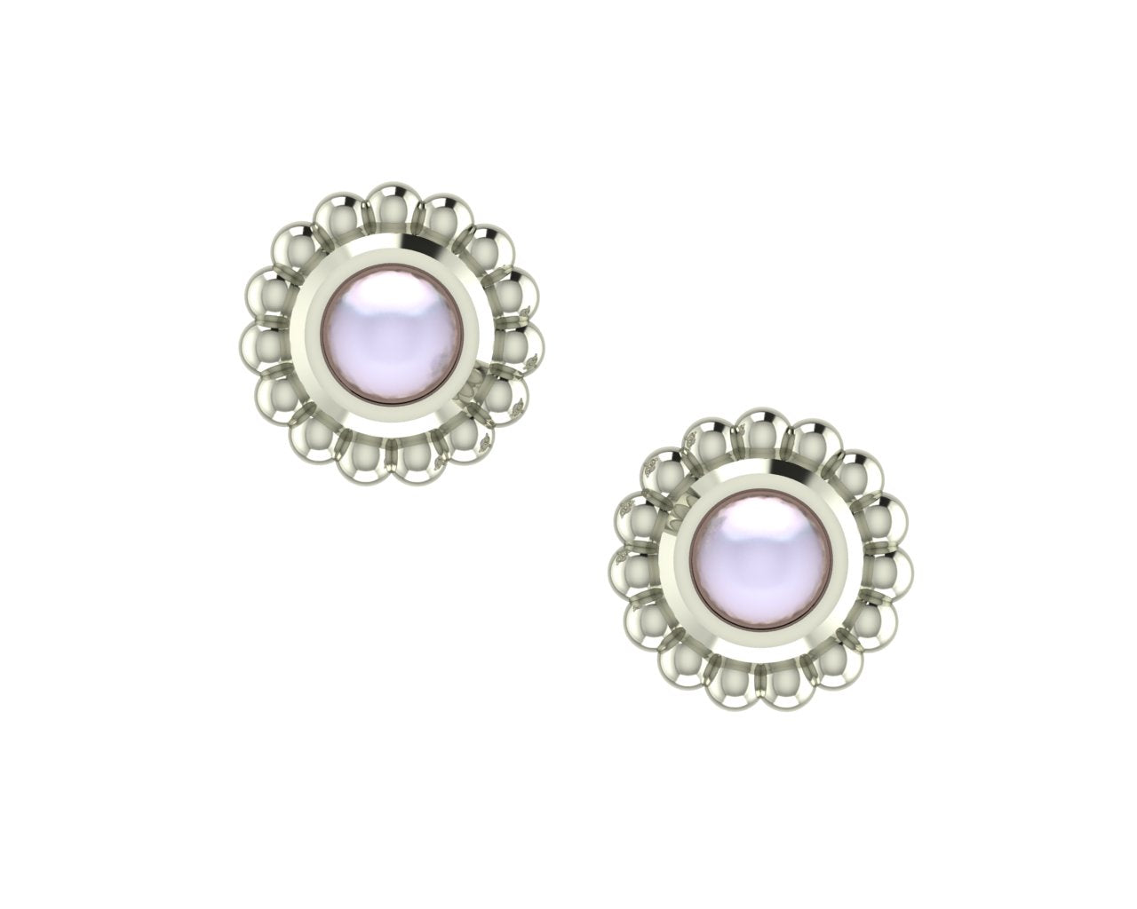 A front-facing view of the Ivory Pearl Mini Alto earrings, showing the high-polished recycled silver geometric frames holding a single round ivory freshwater pearl.