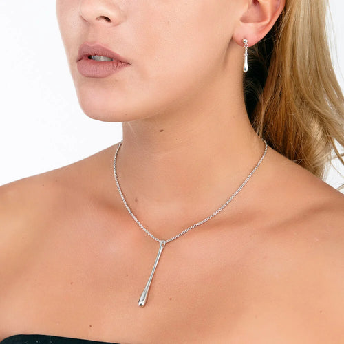 Long Drop Silver Pendant worn short with matching Drip earrings in polished sterling silver